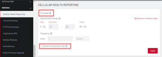 IMage of the Lighthouse UI showing how to manage cellular health settings